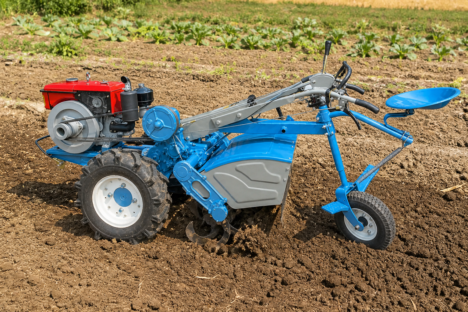 Illustrative complete GN12 walking tractor breaking dry soil in a vegetable plot
