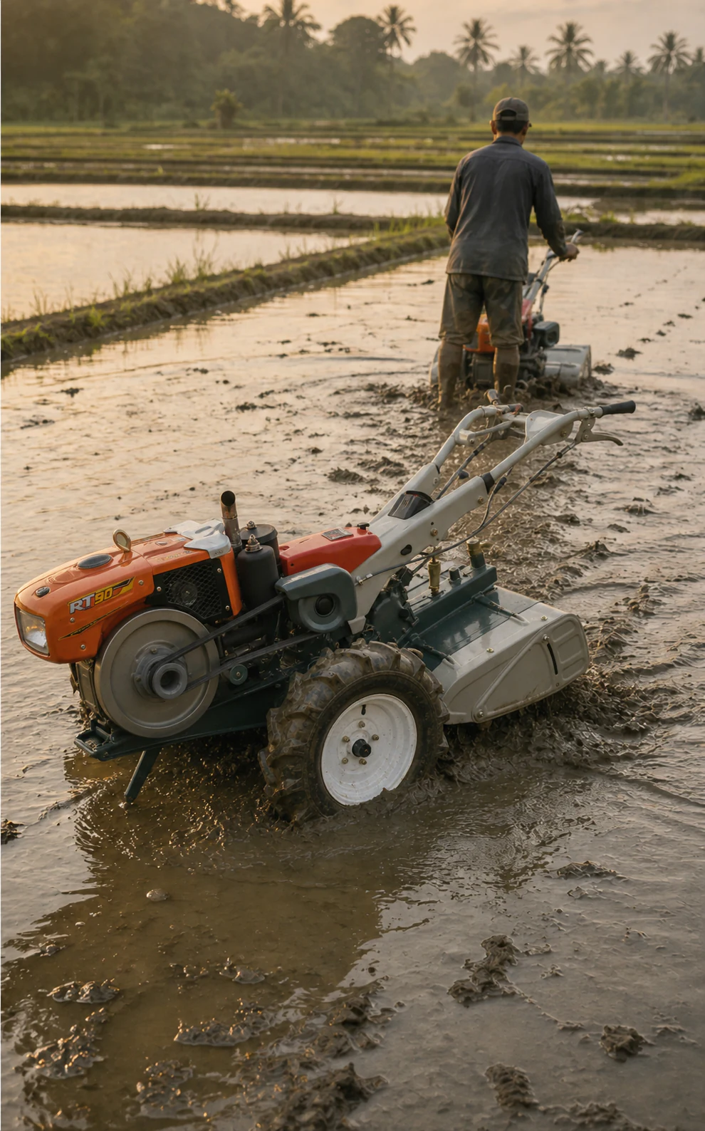 Illustrative M80 power tillers working in a wet paddy field at sunset