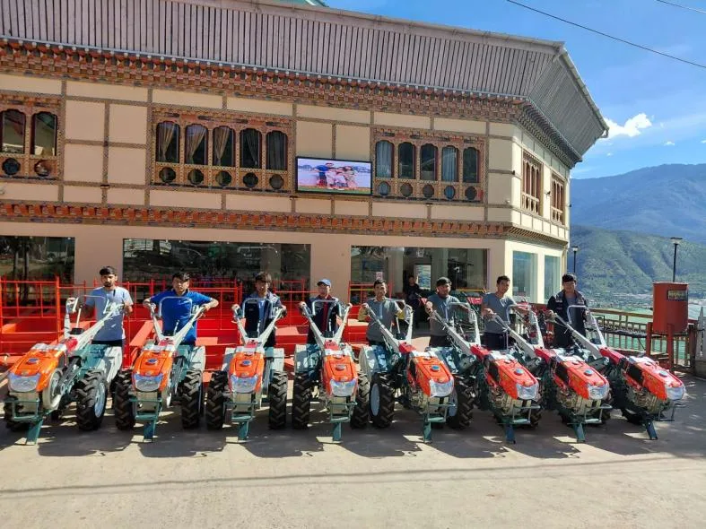 SUNTEC M80 power tillers lined up with recipients at their Bhutan destination