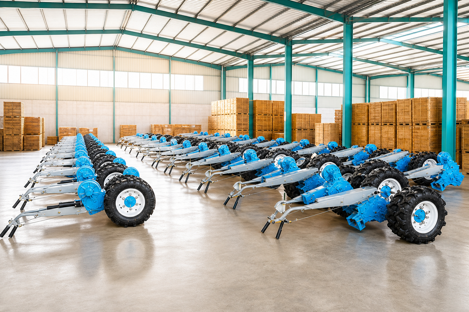Rows of two-wheel walking tractors staged together on the factory floor