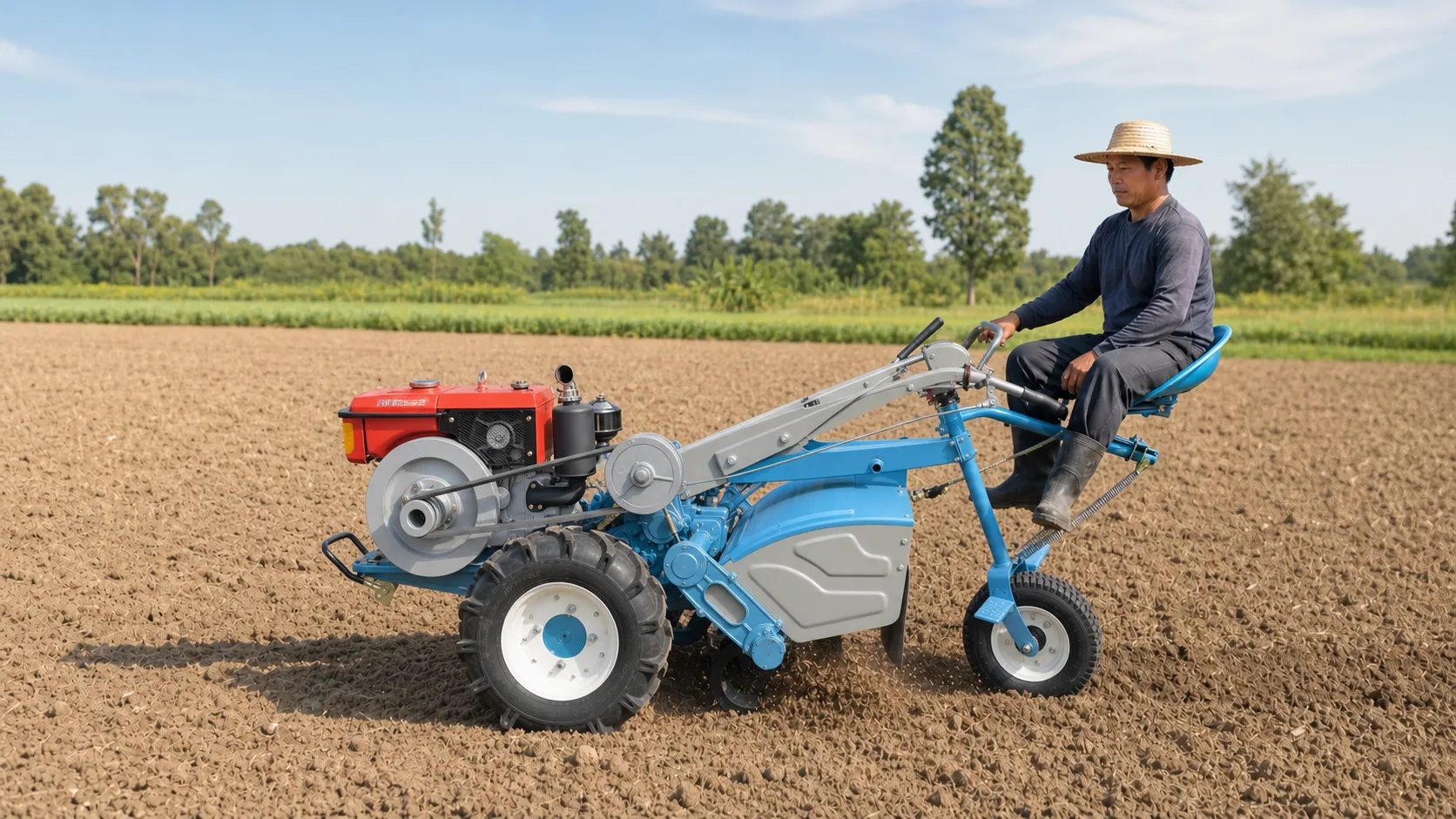Operator seated on the red-engine blue-and-grey GN12 in a bright dry cultivated field