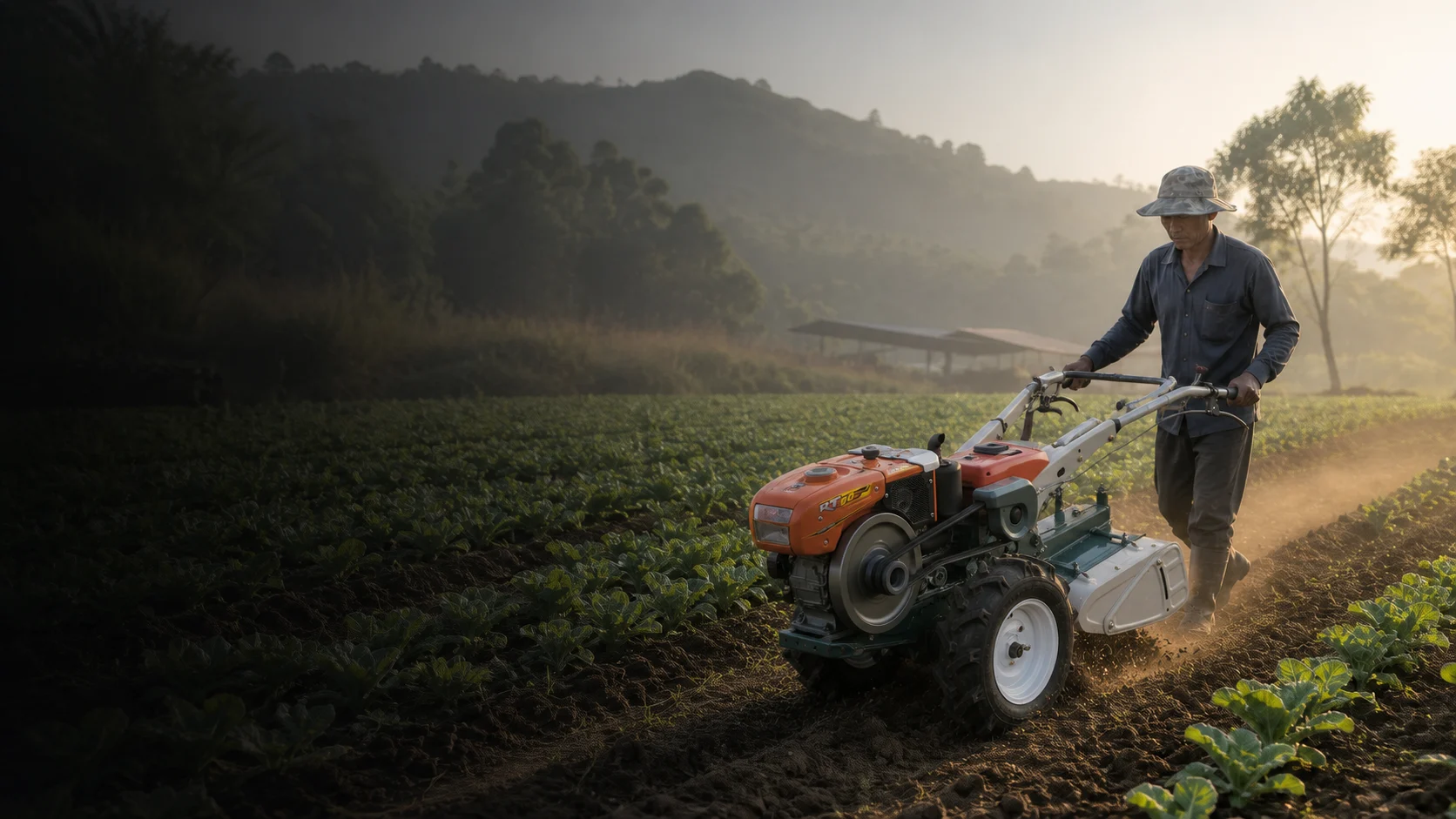 M80 power tiller operating in a dry-land cultivation setting