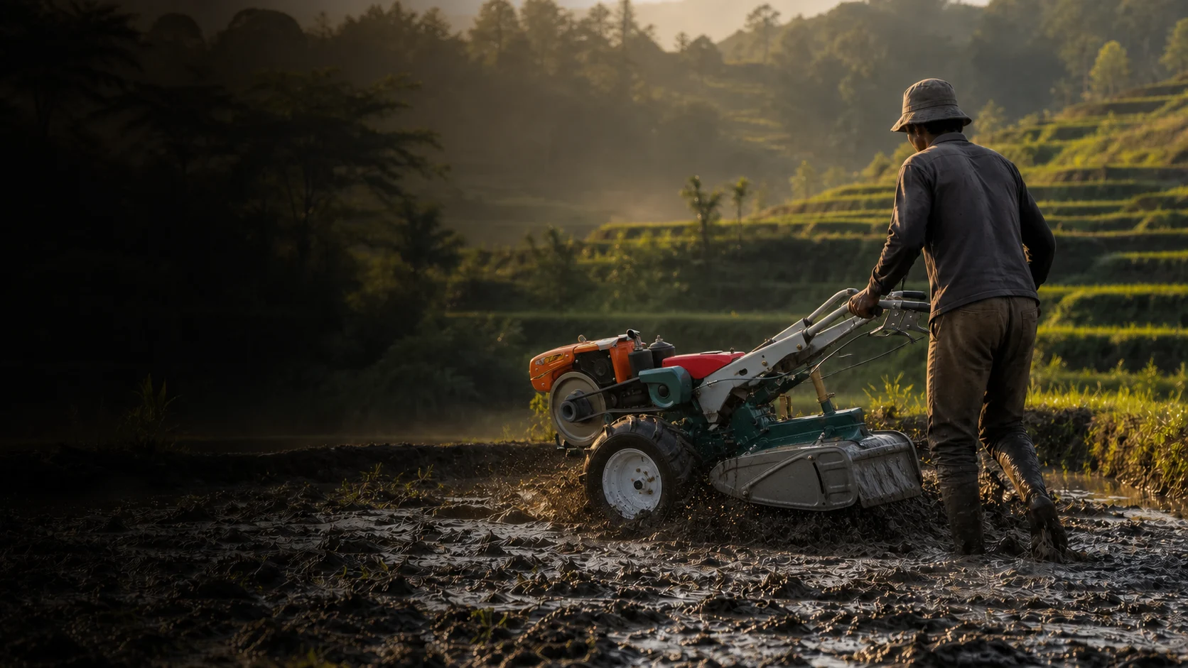 MUBOTA M80 walking tractor being operated in a wet terraced paddy field at golden hour