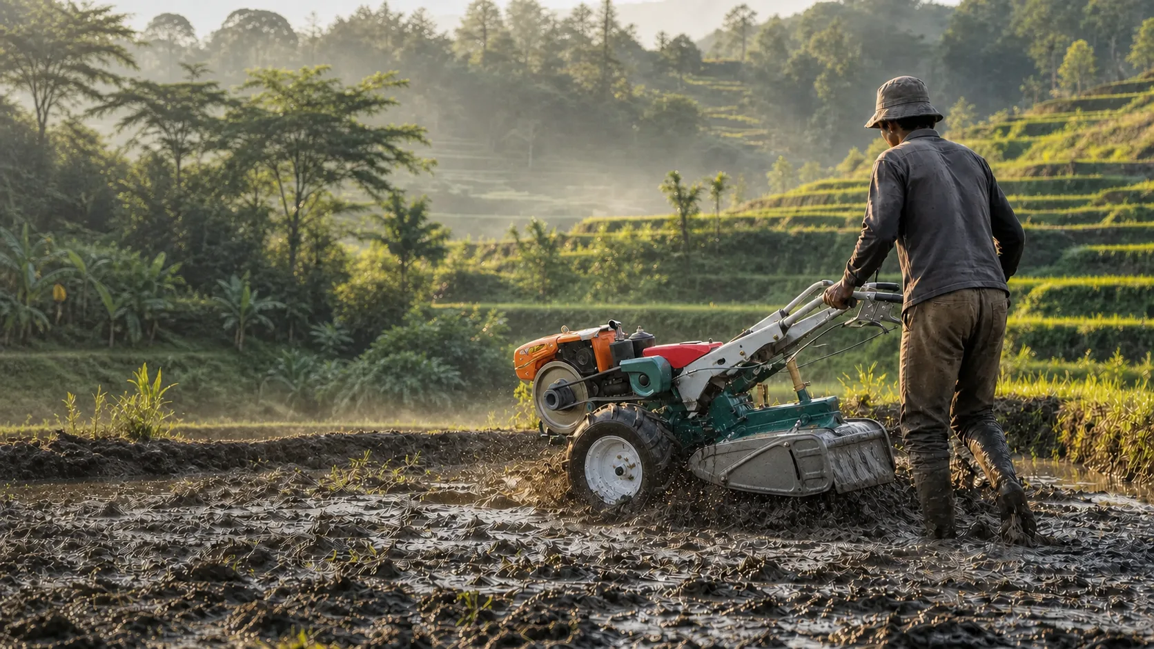 MUBOTA M80 working with a rotary cultivator in a paddy field
