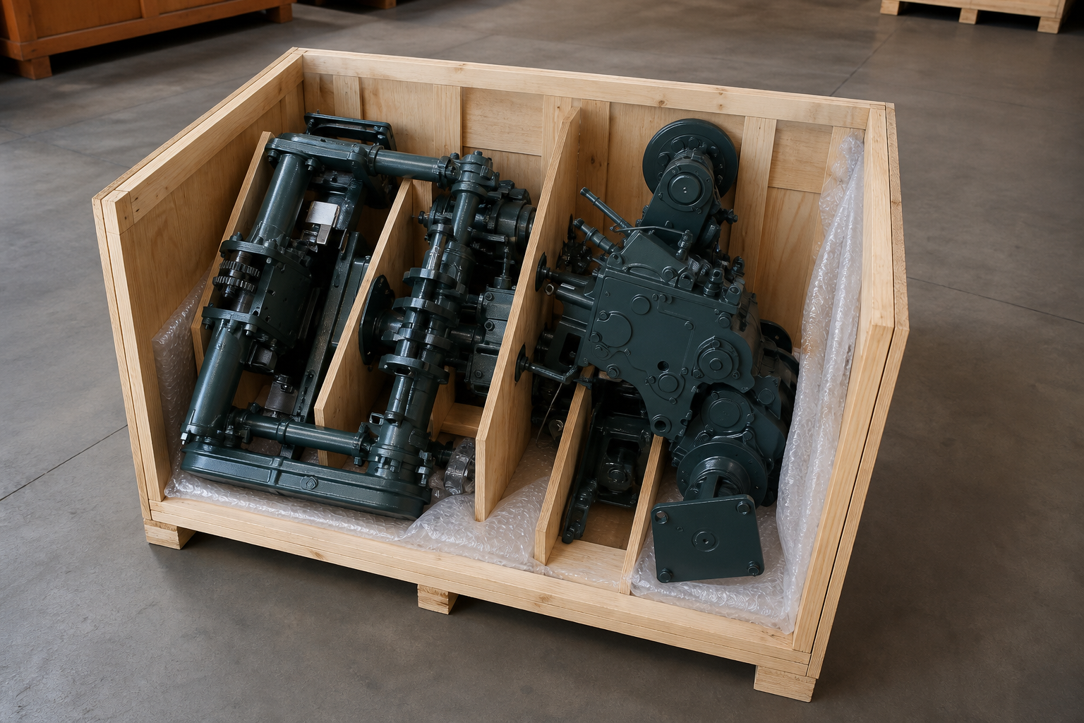 Dark-green gearbox and axle assemblies separated inside a timber export crate