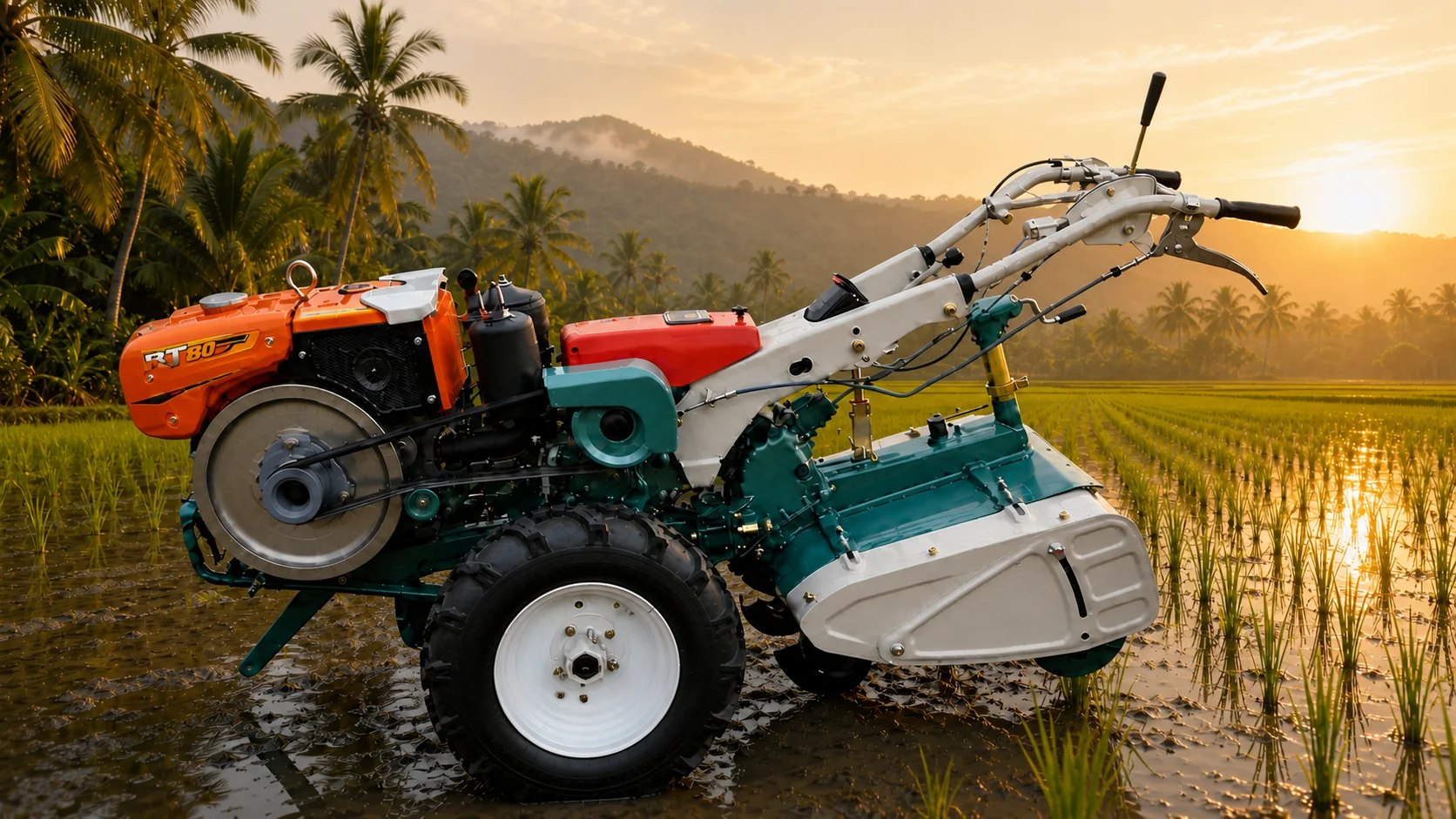 MUBOTA M80 power tiller shown complete in a paddy field
