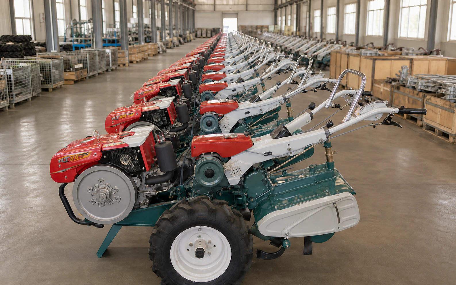 Rows of finished two-wheel walking tractors with realistic red center covers arranged inside a clean assembly hall